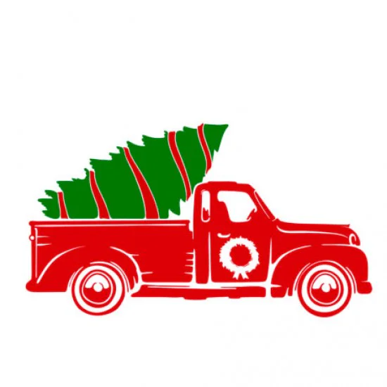 strygestof af høj kvalitet, Christmas Truck 9 Rød pickup truck med juletræ på ladet og en krans på døren