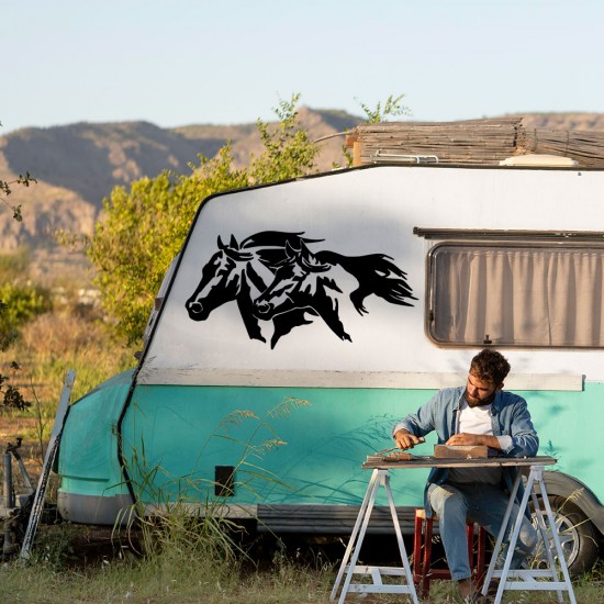High quality heat transfer vinyl, Horse Sticker #5 Black horse sticker with three galloping horses on the side of a caravan
