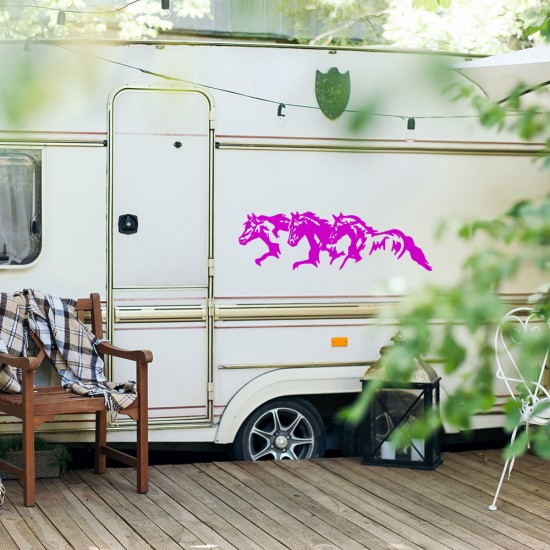 High-quality heat transfer vinyl, Horse sticker #6 Purple sticker with three galloping horses on the side of a white caravan