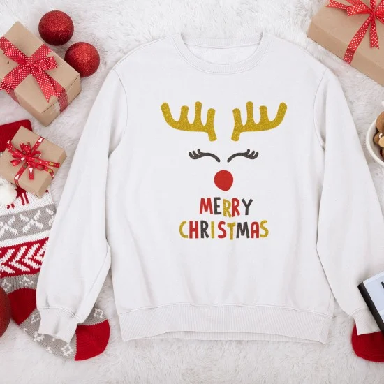 strygestof af høj kvalitet, DIY Sjov julesweater med Rudolf MERRY CHRISTMAS - Rudolf strygemærke