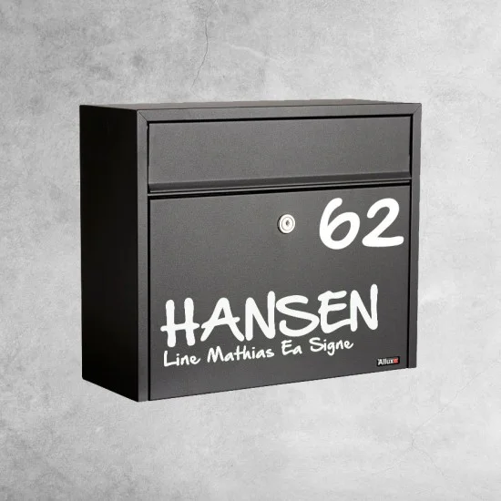 strygestof af høj kvalitet, Postkasse sticker - tekst familien HANSEN folie motiv