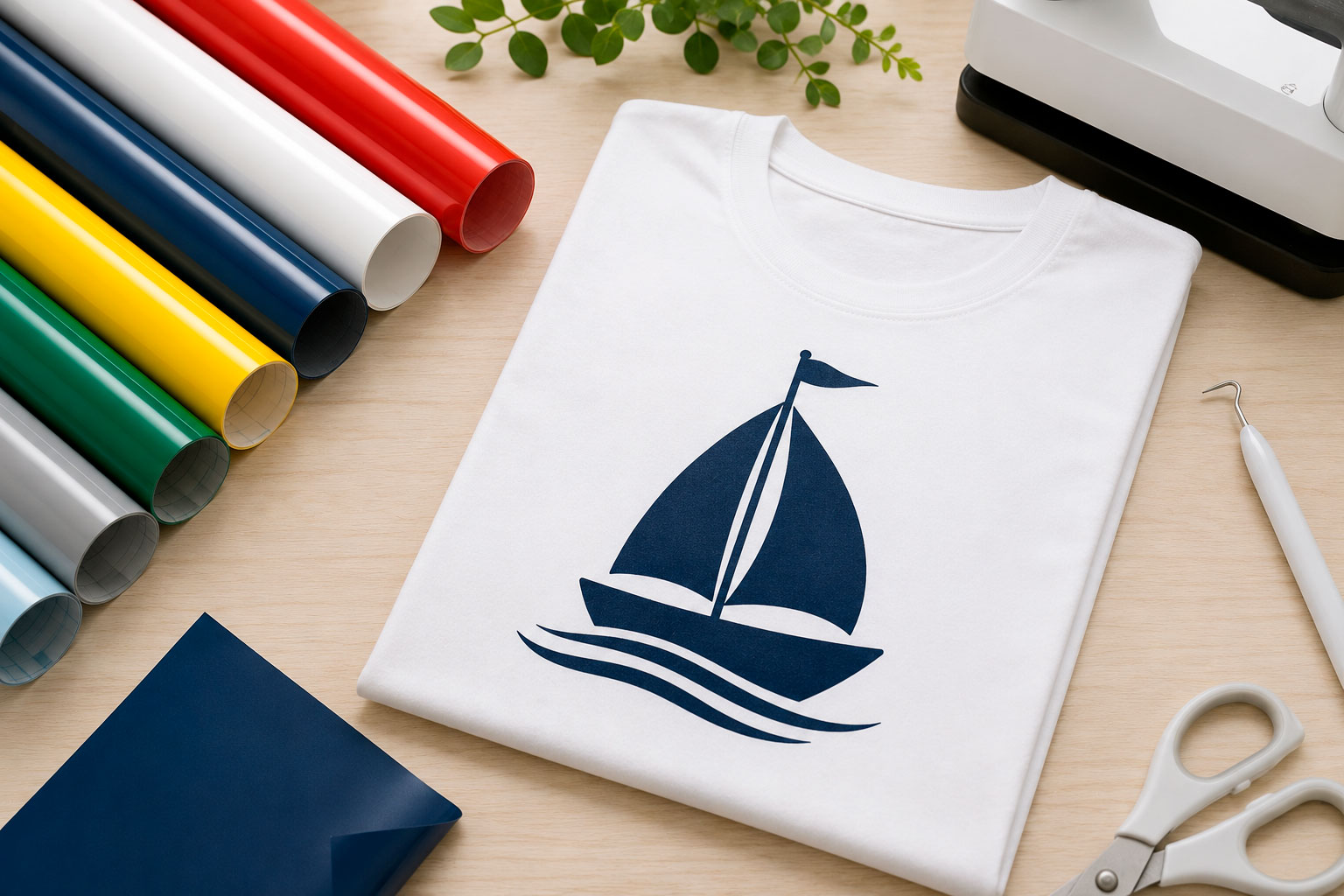 Ensfarvet strygefolie på hvid T-shirt med enkelt sejlbådsmotiv – perfekt til navne, logoer og hobbyprojekter.
