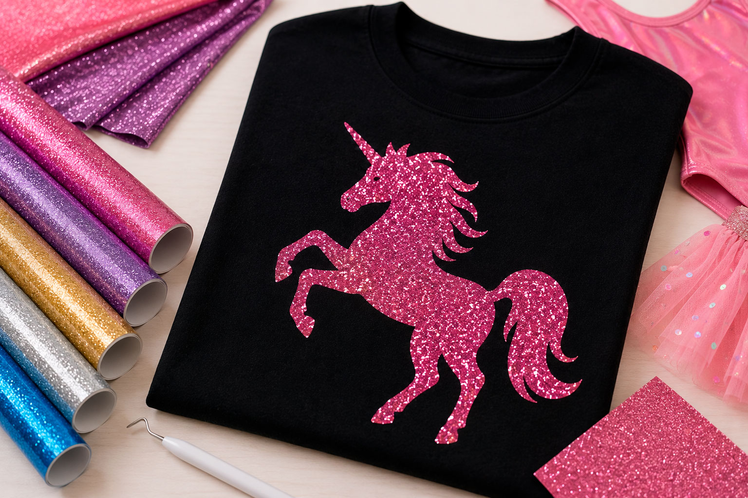 Glitter strygefolie med funklende enhjørning på sort T-shirt omgivet af farverige glitterfolier.