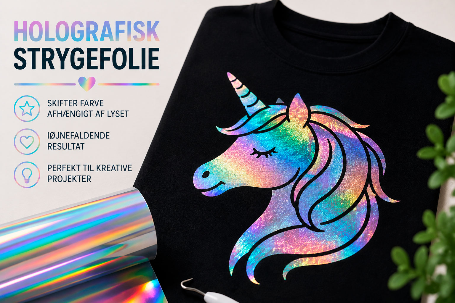 Holografisk strygefolie med farveskiftende enhjørning på sort T-shirt, der skifter udtryk afhængigt af lyset.