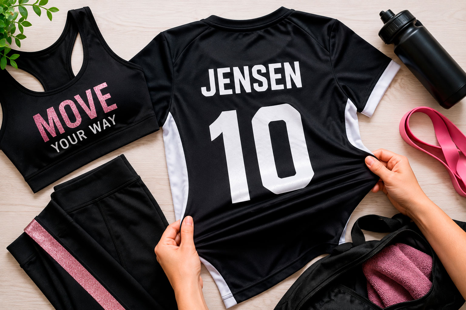 Sportstøj med stræk og stretch-strygefolie på træningstrøje, sports-bh og leggings – ideelt til elastiske tekstiler.